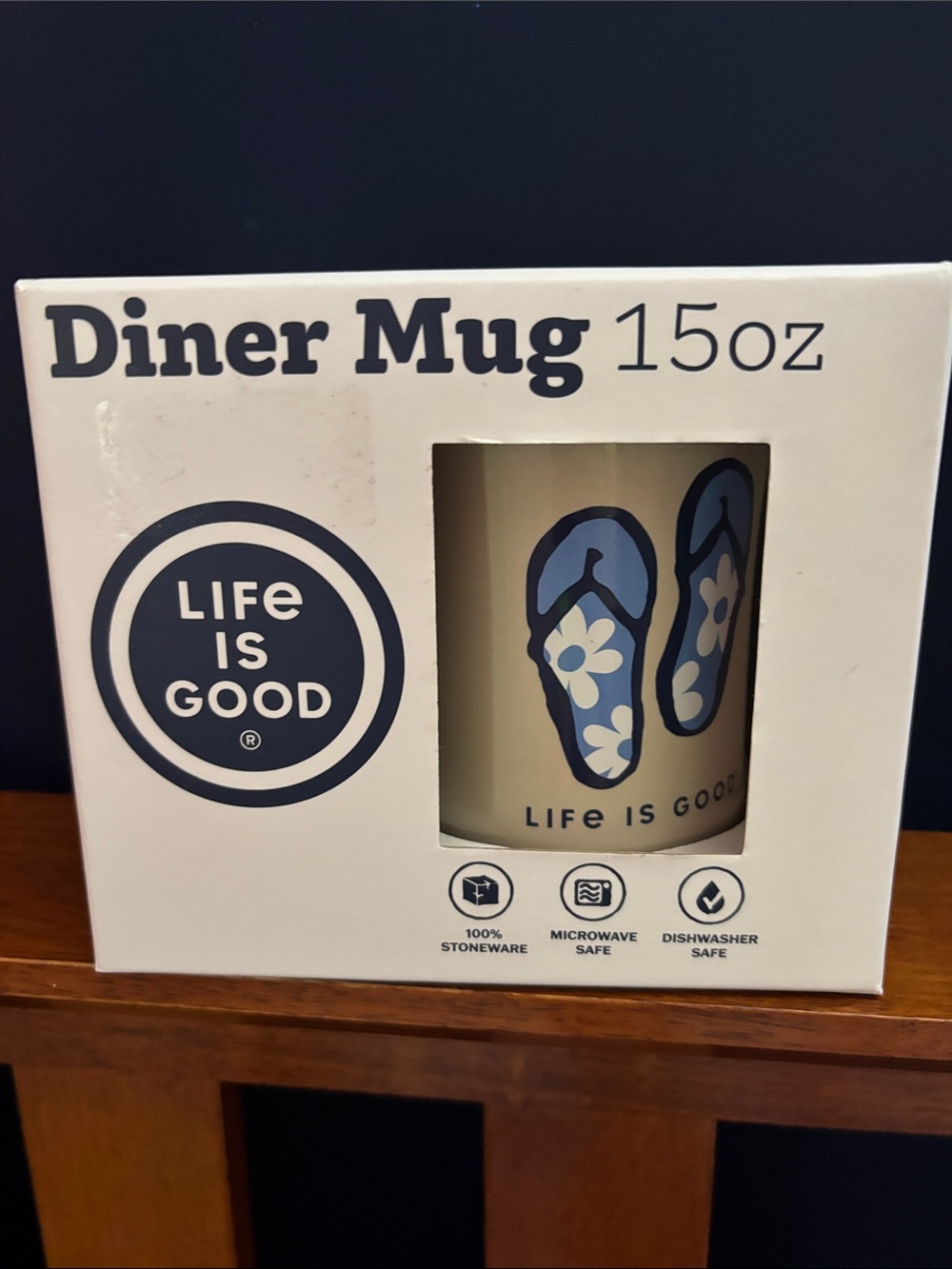 Life Is Good Cream Mug with Blue Flip Flop Graphic